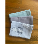NihalFidan Store Muslin Kumaş %100 Pamuk Bebek Ağız Mendili Mint Gri Balon 3 Adet (30x30 Cm) - 1