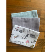 NihalFidan Store Muslin Kumaş %100 Pamuk Bebek Ağız Mendili Mint Gri Rainbow 3 Adet (30x30 Cm) - 1