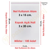 3x15+5 cm. (3x20) 100 Adet - Şeffaf Bantlı Yapışkanlı OPP Jelatin Poşet - 1