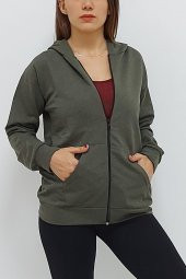 Kapüşonlu Fermuarlı Sweatshirt Haki - 1