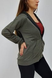 Kapüşonlu Fermuarlı Sweatshirt Haki - 3