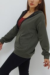 Kapüşonlu Fermuarlı Sweatshirt Haki - 4