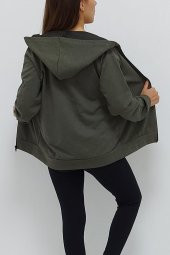 Kapüşonlu Fermuarlı Sweatshirt Haki - 5