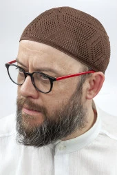 İlmek Dantel Örme Namaz Takkesi - Kahverengi thumbnail 2