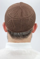 İlmek Dantel Örme Namaz Takkesi - Kahverengi thumbnail 4