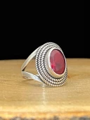 925 Ayar Gümüş Oval Yakut Taş Otantik Üst Kalite Kadın Yüzük - 2