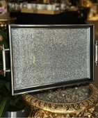 Gümüş Simli Kenarlı kulplu Cam Tepsi - 1