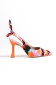 Turuncu Çok Renkli Arkadan Fiyonklu Stiletto Topuklu Ayakkabı - Pony - 4