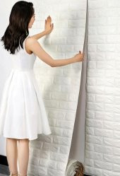 Renkli Duvarlar Kendinden Yapışkanlı Beyaz Tuğla Desen 3D Duvar Kağıdı Paneli Tek Parça 70x500 cm - 1