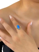925 Ayar Gümüş El Üretim Otantik Doğal Opal Mekik Taş Yüzük - 1