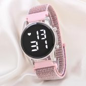 Pembe Renk Çelik Dijital Cırtlı Kanvas Kordon Led Kadın Kol Saati ST-304177 - 1