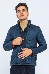 Erkek Dik Yaka Fermuarlı Düğmeli Kapütone Kışlık Şişme Kısa Mont - 1