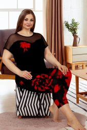 Siyah Renk ve Çiçek Desenli Lady 10614 Kadın Büyük Beden Kapri Pijama Takımı - 2