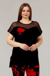 Siyah Renk ve Çiçek Desenli Lady 10614 Kadın Büyük Beden Kapri Pijama Takımı - 3