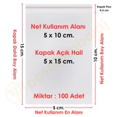 5x10+5 cm. (5x15) 100 Adet - Şeffaf Bantlı Yapışkanlı OPP Jelatin Poşet - 1