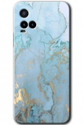 Vivo Y21 Kılıf HD Desen Baskılı Arka Kapak - Mavi Gold Mermer - 1