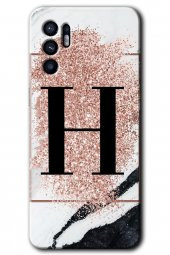Oppo Reno 6 Kılıf HD Desen Baskılı Arka Kapak - Pembe Mermer Desenli H Harfi - 1