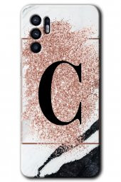 Oppo Reno 6 Kılıf HD Desen Baskılı Arka Kapak - Pembe Mermer Desenli C Harfi - 1