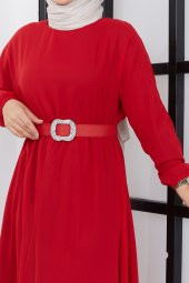 Kuşaklı Tesettür Elbise - Kırmızı - 3