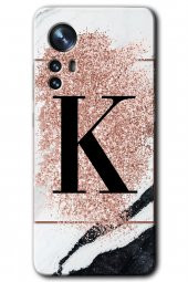 Xiaomi Mi 12 Kılıf HD Desen Baskılı Arka Kapak - Pembe Mermer Desenli K Harfi - 1