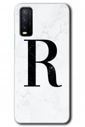 Vivo Y11s Kılıf HD Desen Baskılı Arka Kapak - Beyaz Mermer Desenli R Harfi - 1