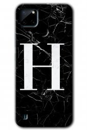Realme C21 Kılıf HD Desen Baskılı Arka Kapak - Siyah Mermer Desenli H Harfi - 1