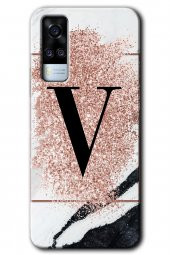 Vivo Y51a Kılıf HD Desen Baskılı Arka Kapak - Pembe Mermer Desenli V Harfi - 1