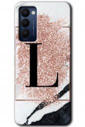 Tecno Camon 18 Kılıf HD Desen Baskılı Arka Kapak - Pembe Mermer Desenli L Harfi - 1