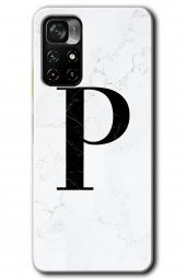 Poco M4 Pro 5G Kılıf HD Desen Baskılı Arka Kapak - Beyaz Mermer Desenli P Harfi - 1