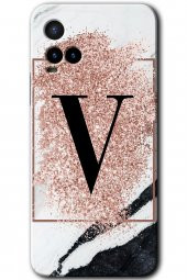 Vivo Y21 Kılıf HD Desen Baskılı Arka Kapak - Pembe Mermer Desenli V Harfi - 1