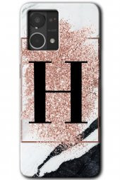 Oppo Reno 7 4G Kılıf HD Desen Baskılı Arka Kapak - Pembe Mermer Desenli H Harfi - 1