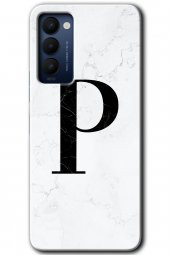 Tecno Camon 18T Kılıf HD Desen Baskılı Arka Kapak - Beyaz Mermer Desenli P Harfi - 1