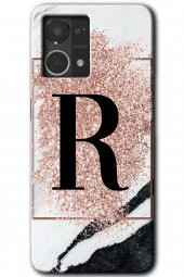 Oppo Reno 7 4G Kılıf HD Desen Baskılı Arka Kapak - Pembe Mermer Desenli R Harfi - 1