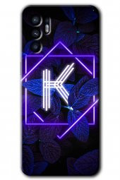 Oppo Reno 6 Kılıf HD Desen Baskılı Arka Kapak - Dark Neon Yaprak K Harfi - 1