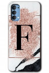 Oppo Reno 4 Kılıf HD Desen Baskılı Arka Kapak - Pembe Mermer Desenli F Harfi - 1