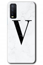 Vivo Y20 Kılıf HD Desen Baskılı Arka Kapak - Beyaz Mermer Desenli V Harfi - 1