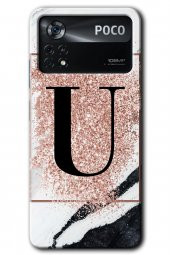 Poco x4 Pro Kılıf HD Desen Baskılı Arka Kapak - Pembe Mermer Desenli U Harfi - 1