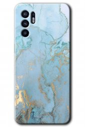 Oppo Reno 6 Kılıf HD Desen Baskılı Arka Kapak - Mavi Gold Mermer - 1