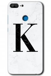 Honor 9 Lite Kılıf HD Desen Baskılı Arka Kapak - Beyaz Mermer Desenli K Harfi - 1