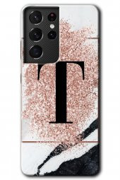 Galaxy S21 Ultra Kılıf HD Desen Baskılı Arka Kapak - Pembe Mermer Desenli T Harfi - 1