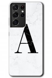 Galaxy S21 Ultra Kılıf HD Desen Baskılı Arka Kapak - Beyaz Mermer Desenli A Harfi - 1
