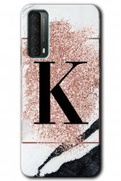 Huawei P Smart 2021 Kılıf HD Desen Baskılı Arka Kapak - Pembe Mermer Desenli K Harfi - 1