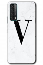 Huawei P Smart 2021 Kılıf HD Desen Baskılı Arka Kapak - Beyaz Mermer Desenli V Harfi - 1