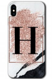 iPhone X Kılıf HD Desen Baskılı Arka Kapak - Pembe Mermer Desenli H Harfi - 1