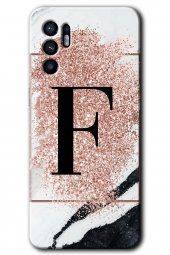Oppo Reno 6 Kılıf HD Desen Baskılı Arka Kapak - Pembe Mermer Desenli F Harfi - 1
