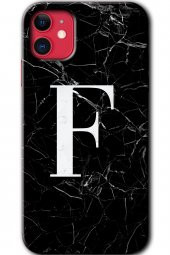 iPhone 11 Kılıf HD Desen Baskılı Arka Kapak - Siyah Mermer Desenli F Harfi - 1