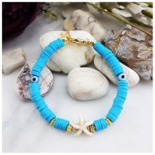 Altın Kaplama Nazar Boncuklu Kadın Mavi Fimo Bileklik - 2