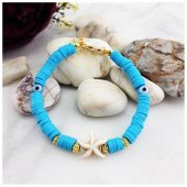 Altın Kaplama Nazar Boncuklu Kadın Mavi Fimo Bileklik - 3