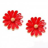 Altın Kaplama Kadın Kırmızı Papatya Küpe - 3