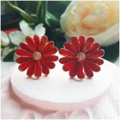 Altın Kaplama Kadın Kırmızı Papatya Küpe - 1